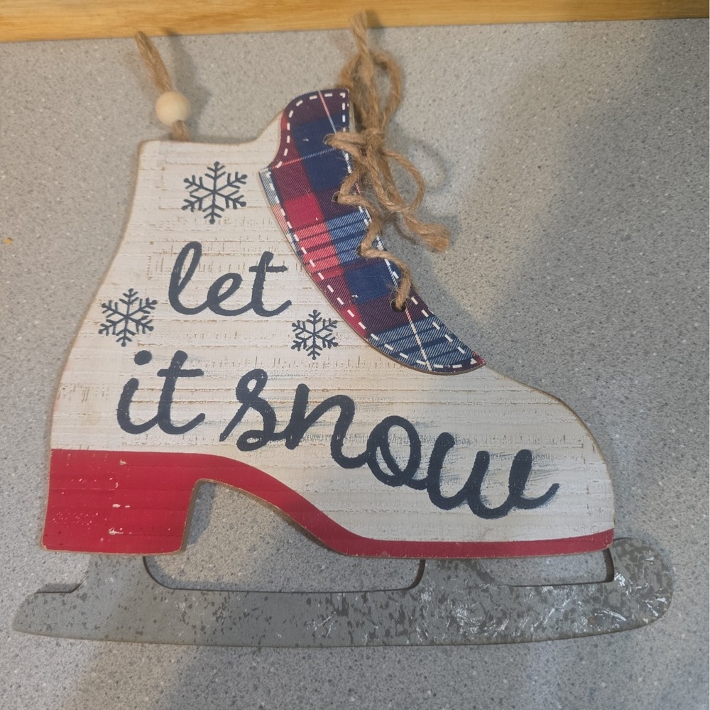 Ice Skate Christmas Ornament, Large Wood & Twine Christmas Ice Skate Wall Decor